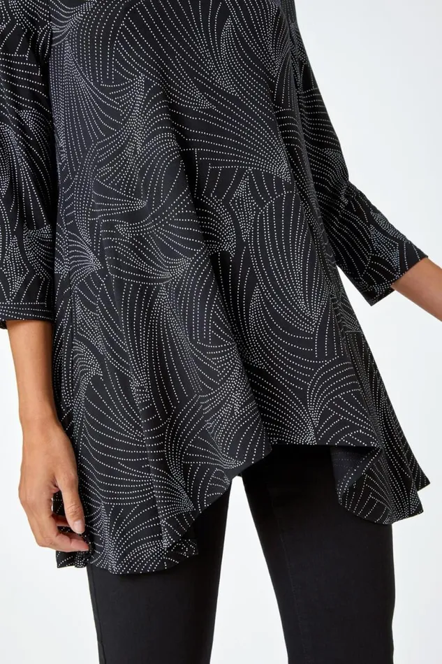 Black Swirl Print Hanky Hem Stretch Top Women Roman Tops