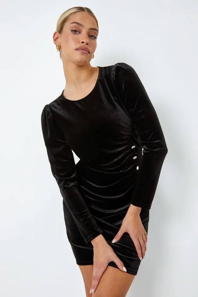 Black Velvet Button Detail Ruched Stretch Dress Women Roman Dresses