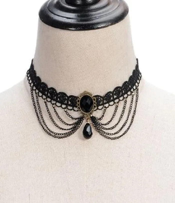 Black Victorian Lace and Rhinestone Choker AccessoriesHalloween Unique Vintage Accessories