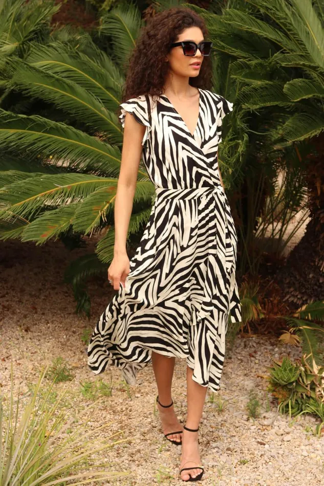 Black Zebra Print Maxi Wrap Dress Women Roman Dresses