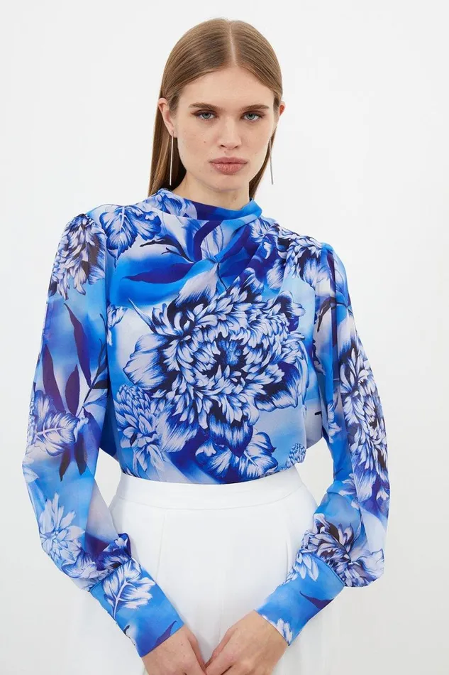 Blouses Women Karen Millen Blue Rose Pleated Georgette Woven Blouse Blue