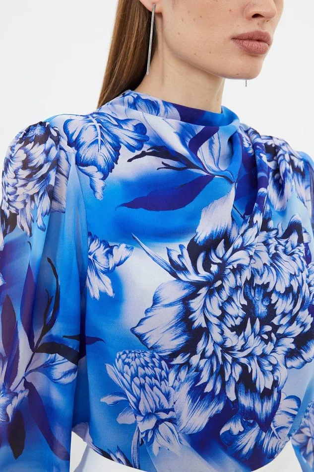 Blouses Women Karen Millen Blue Rose Pleated Georgette Woven Blouse Blue