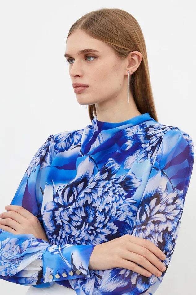 Blouses Women Karen Millen Blue Rose Pleated Georgette Woven Blouse Blue
