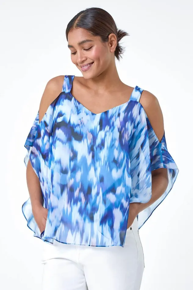 Blue Abstract VNeck Cold Shoulder Overlay Top Women Roman Tops