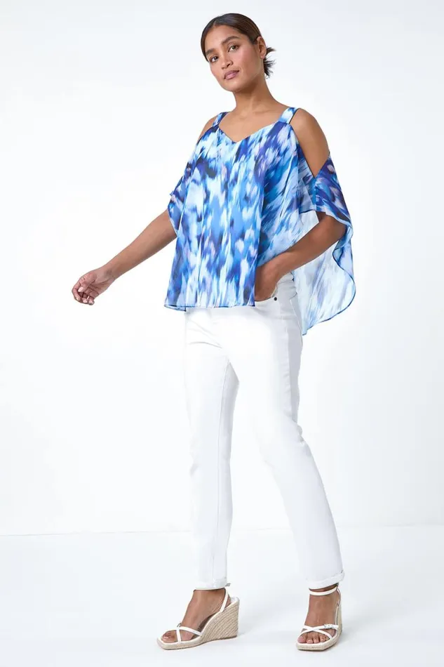Blue Abstract VNeck Cold Shoulder Overlay Top Women Roman Tops