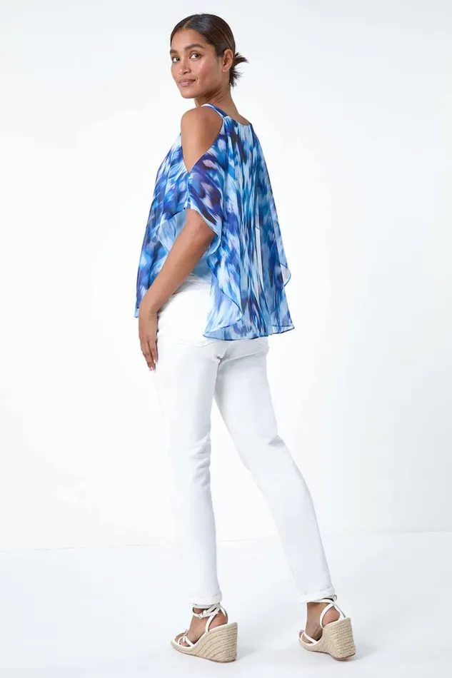Blue Abstract VNeck Cold Shoulder Overlay Top Women Roman Tops