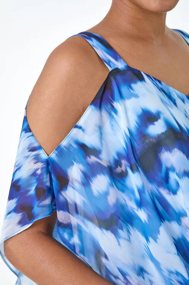 Blue Abstract VNeck Cold Shoulder Overlay Top Women Roman Tops