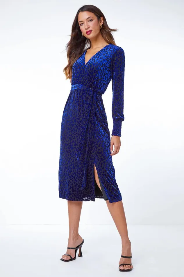 Blue Animal Velvet Stretch Wrap Dress Women Roman Dresses