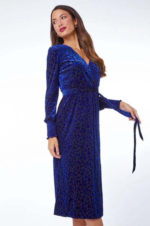 Blue Animal Velvet Stretch Wrap Dress Women Roman Dresses