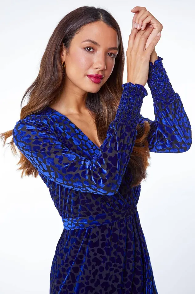 Blue Animal Velvet Stretch Wrap Dress Women Roman Dresses