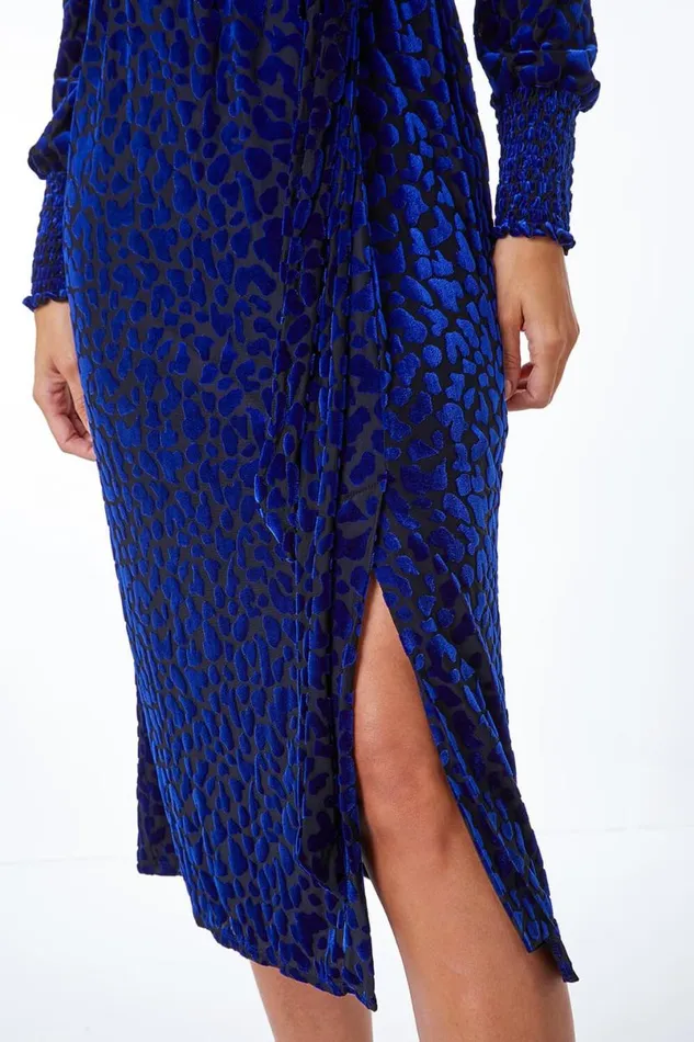 Blue Animal Velvet Stretch Wrap Dress Women Roman Dresses