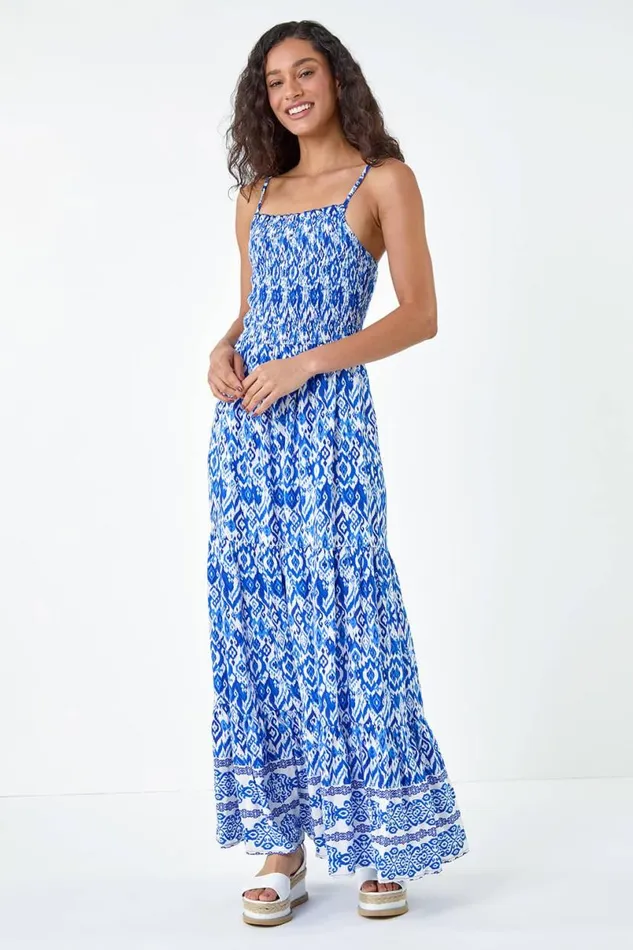 Blue Aztec Border Print Shirred Maxi Dress Women Roman Dresses