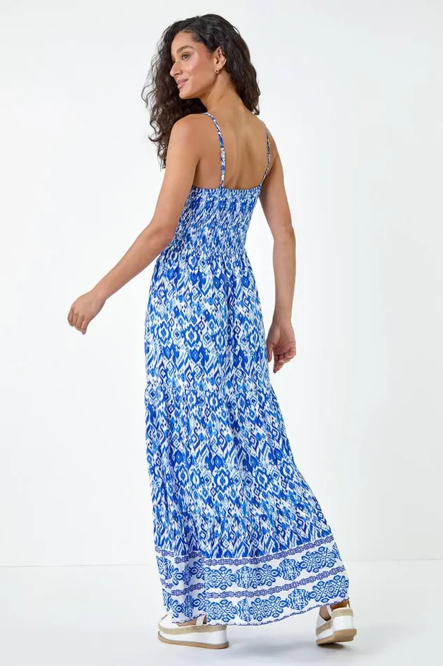 Blue Aztec Border Print Shirred Maxi Dress Women Roman Dresses