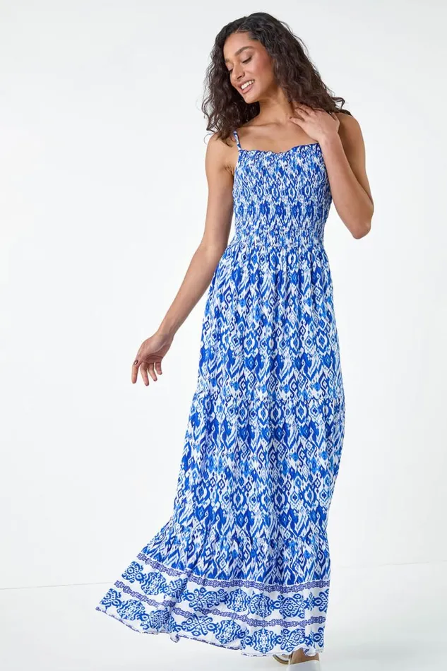 Blue Aztec Border Print Shirred Maxi Dress Women Roman Dresses
