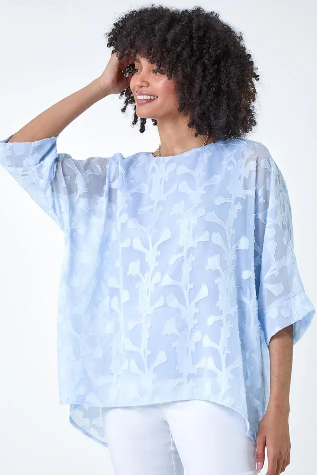 Blue Burnout Floral Dipped Hem Overlay Tunic Top Women Roman Tops