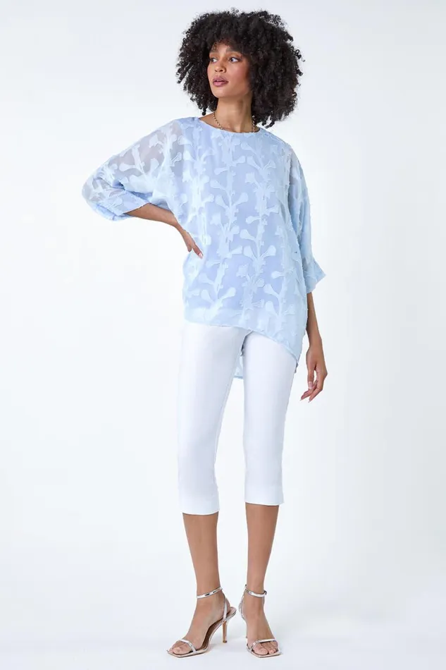 Blue Burnout Floral Dipped Hem Overlay Tunic Top Women Roman Tops