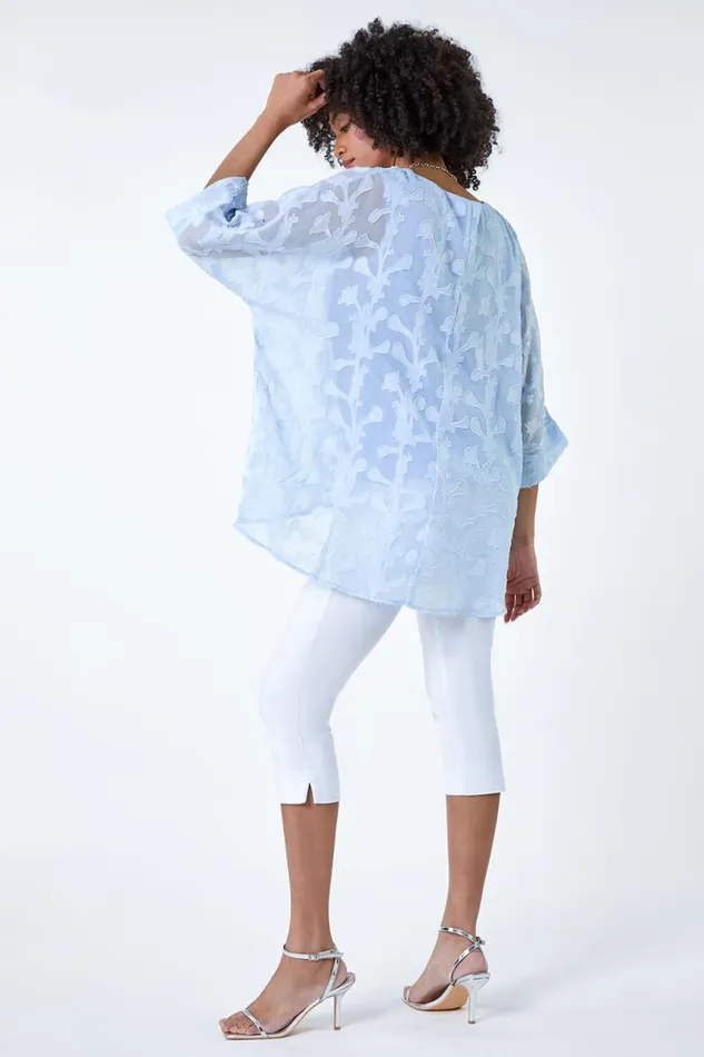 Blue Burnout Floral Dipped Hem Overlay Tunic Top Women Roman Tops