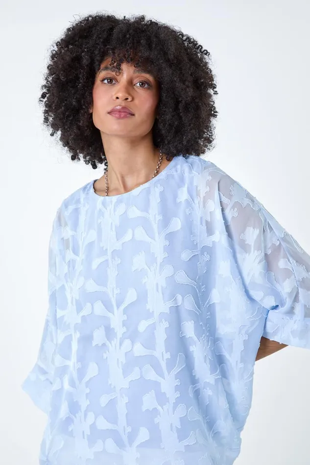 Blue Burnout Floral Dipped Hem Overlay Tunic Top Women Roman Tops