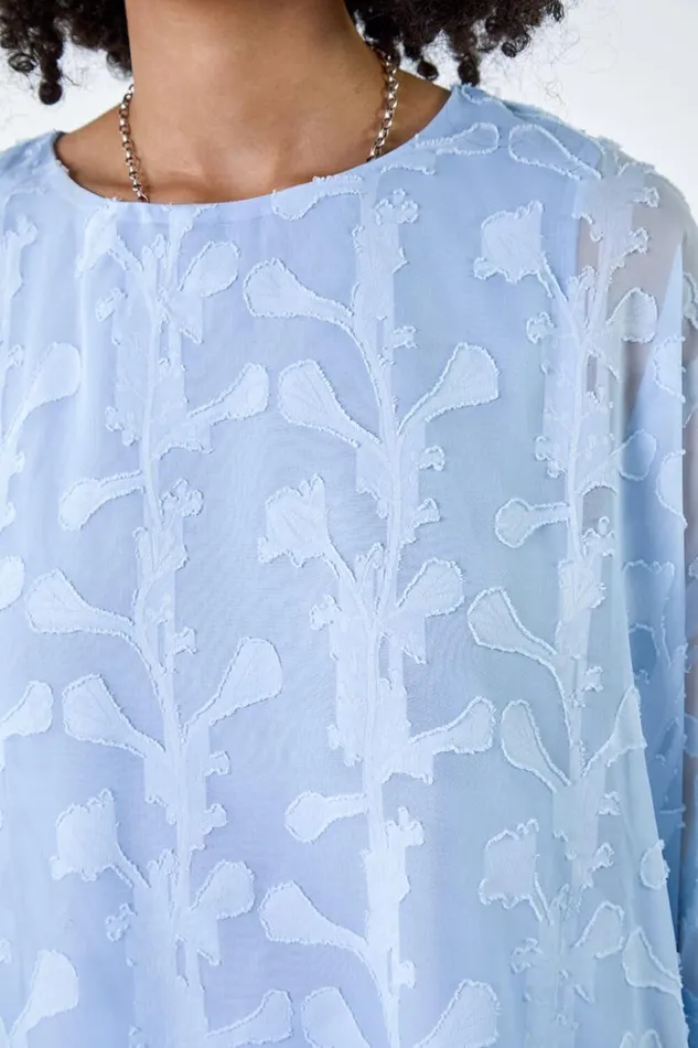 Blue Burnout Floral Dipped Hem Overlay Tunic Top Women Roman Tops