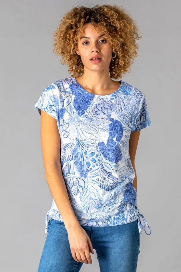 Blue Burnout Tropical Print Ruched TShirt Women Roman Tops