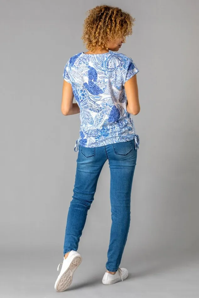 Blue Burnout Tropical Print Ruched TShirt Women Roman Tops