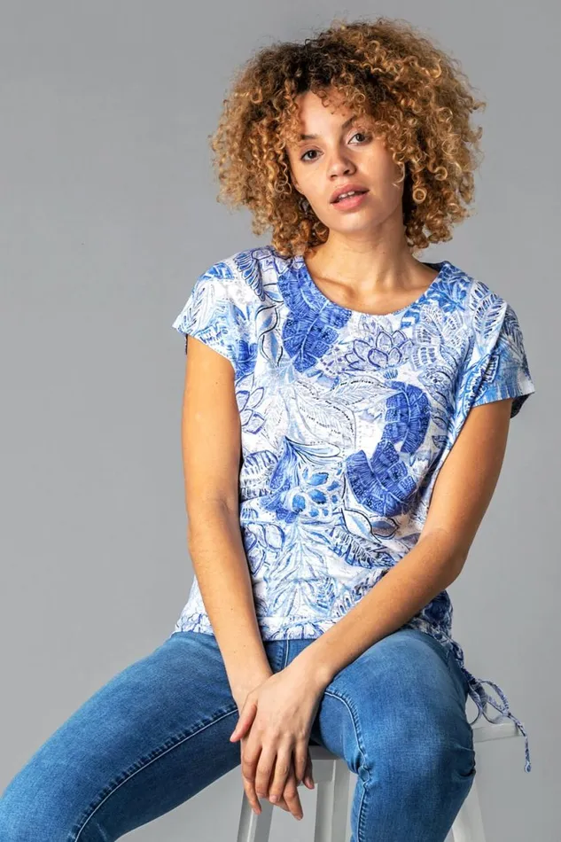 Blue Burnout Tropical Print Ruched TShirt Women Roman Tops