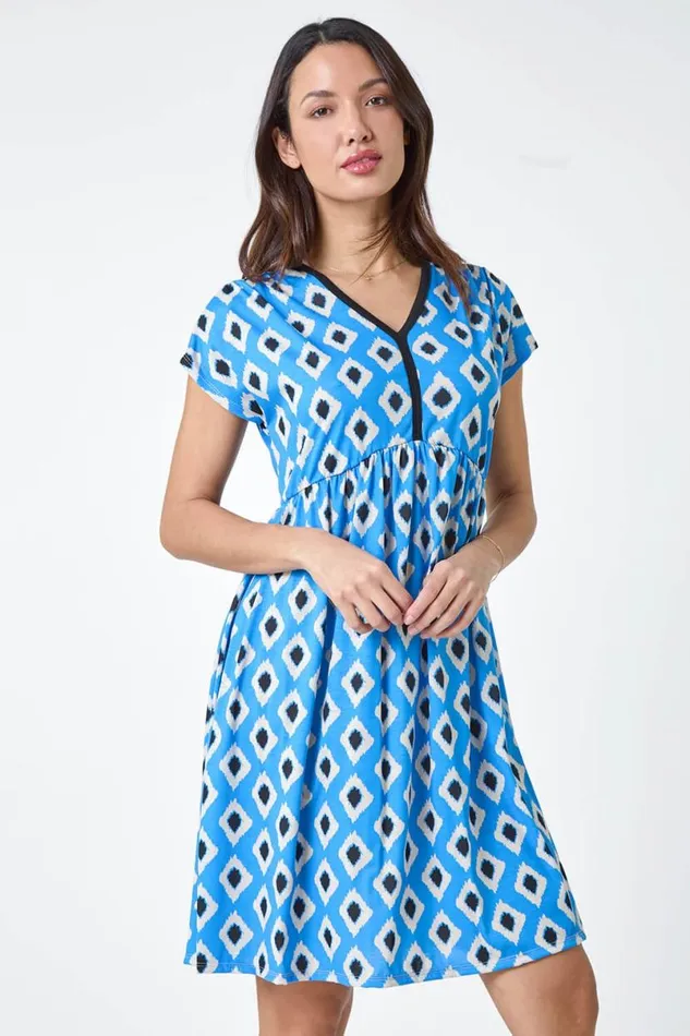 Blue Contrast Geometric Print Stretch Dress Women Roman Dresses