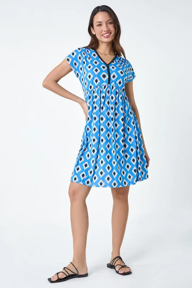 Blue Contrast Geometric Print Stretch Dress Women Roman Dresses