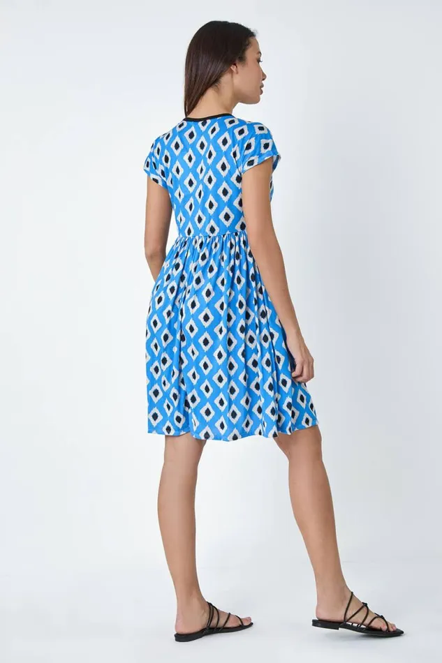 Blue Contrast Geometric Print Stretch Dress Women Roman Dresses