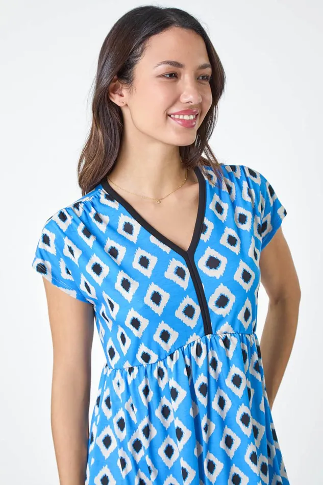 Blue Contrast Geometric Print Stretch Dress Women Roman Dresses