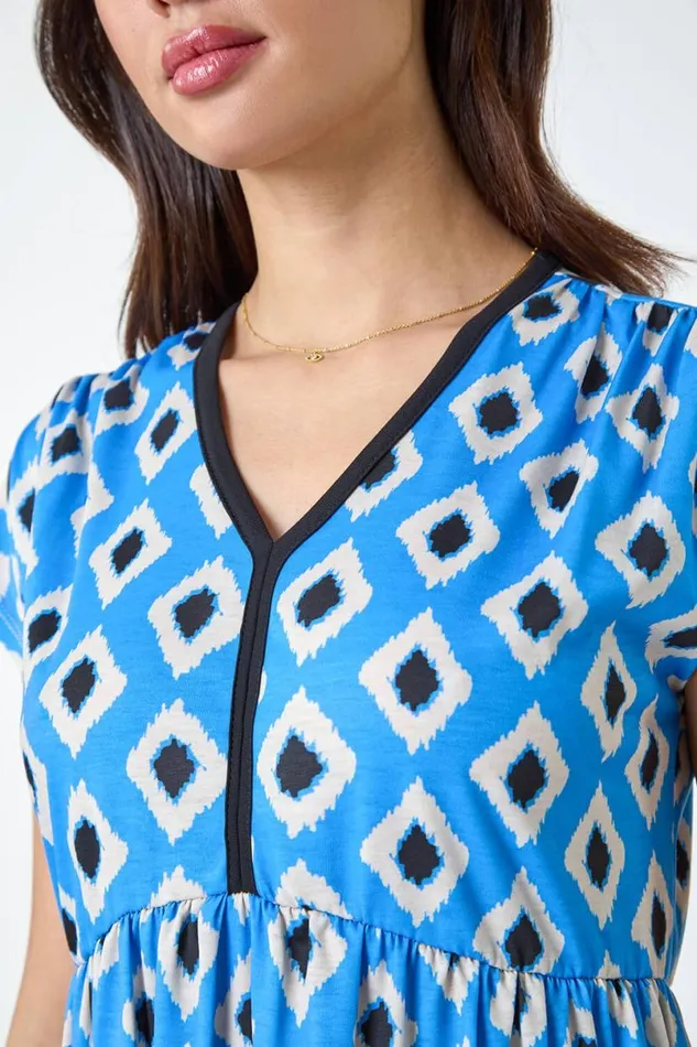 Blue Contrast Geometric Print Stretch Dress Women Roman Dresses