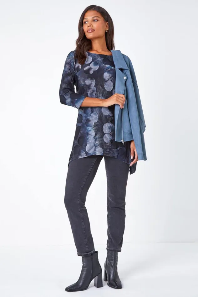Blue Cotton Blend Spot Print Stretch Top Women Roman Tops