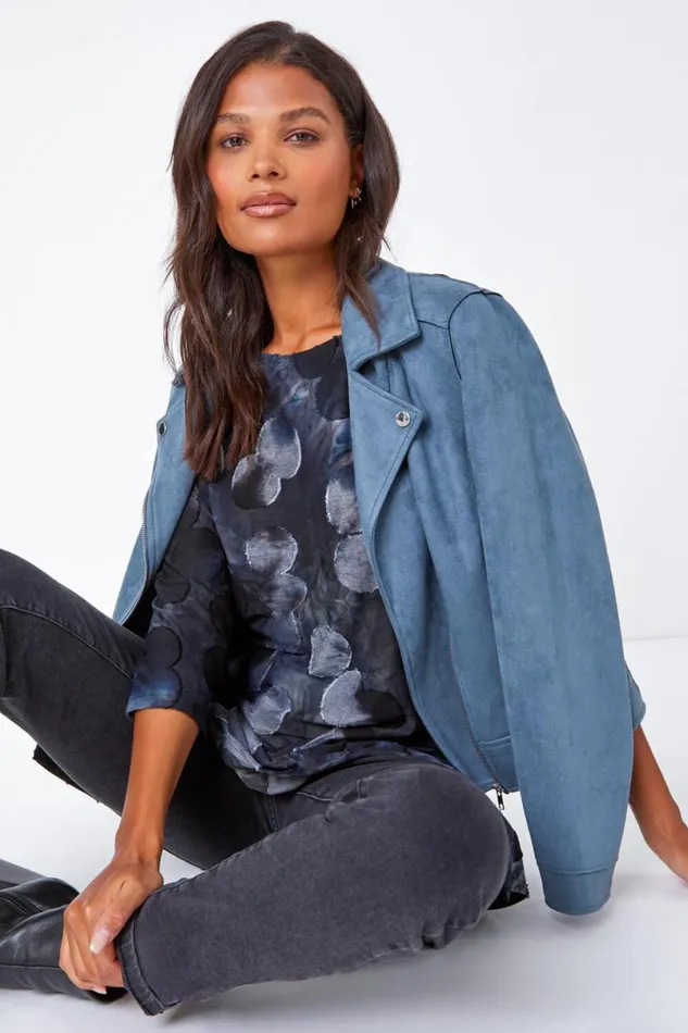 Blue Cotton Blend Spot Print Stretch Top Women Roman Tops
