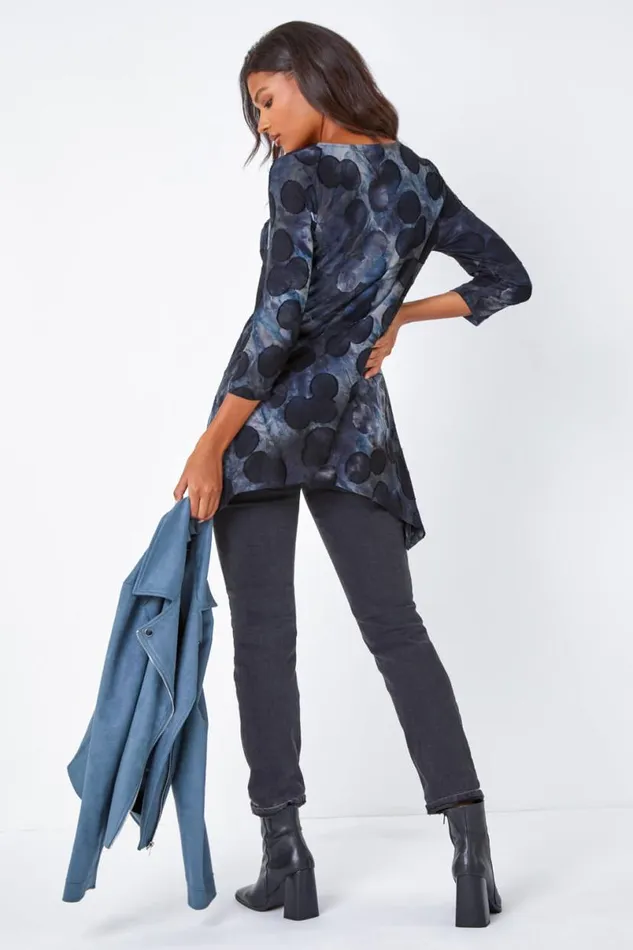 Blue Cotton Blend Spot Print Stretch Top Women Roman Tops