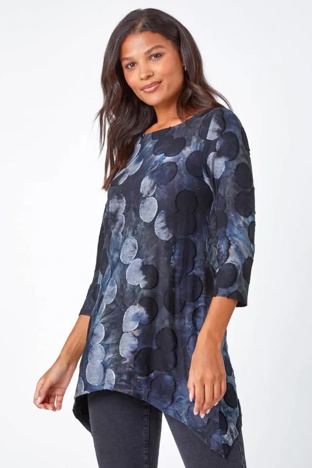 Blue Cotton Blend Spot Print Stretch Top Women Roman Tops