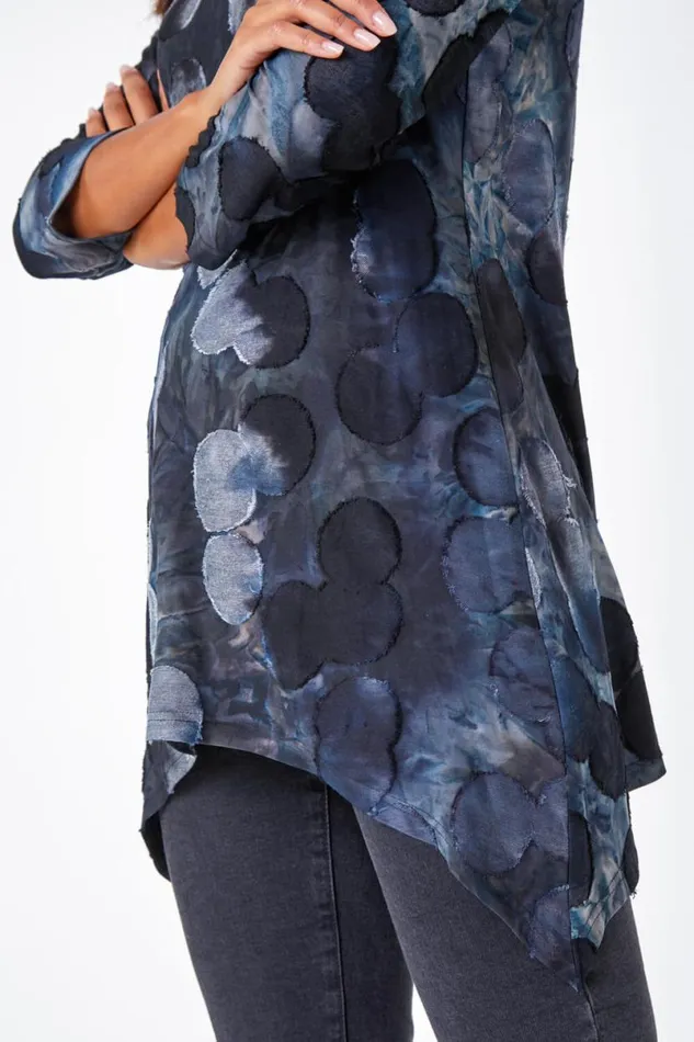 Blue Cotton Blend Spot Print Stretch Top Women Roman Tops