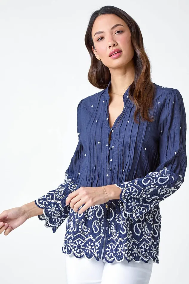 Blue Cotton Paisley Embroidered VNeck Blouse Women Roman Tops