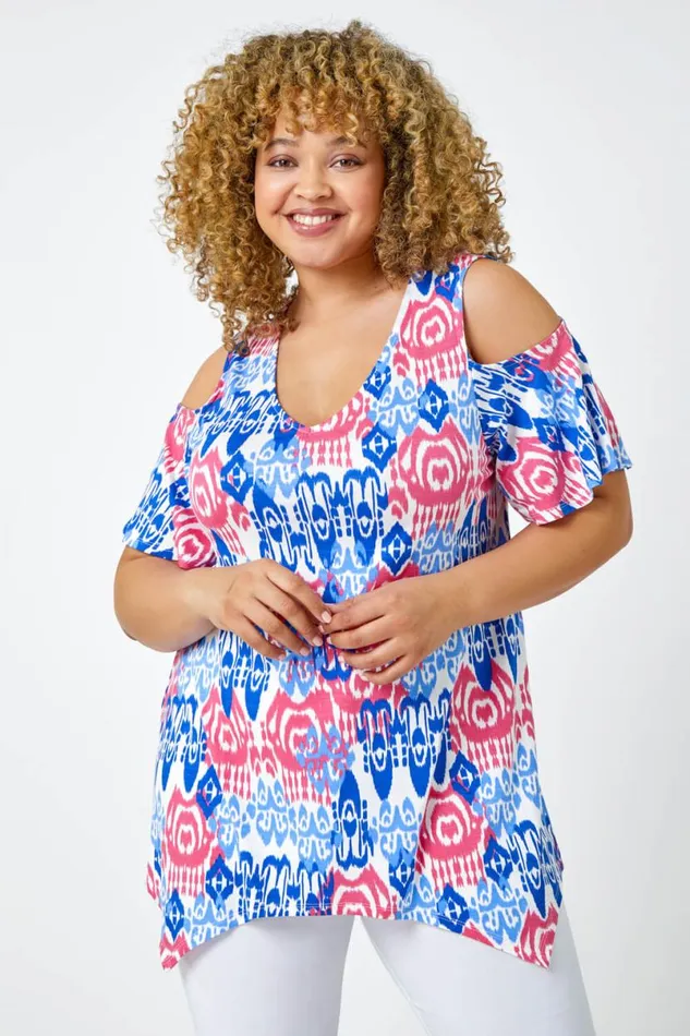 Blue Curve Abstract VNeck Cold Shoulder Top Women Roman Tops