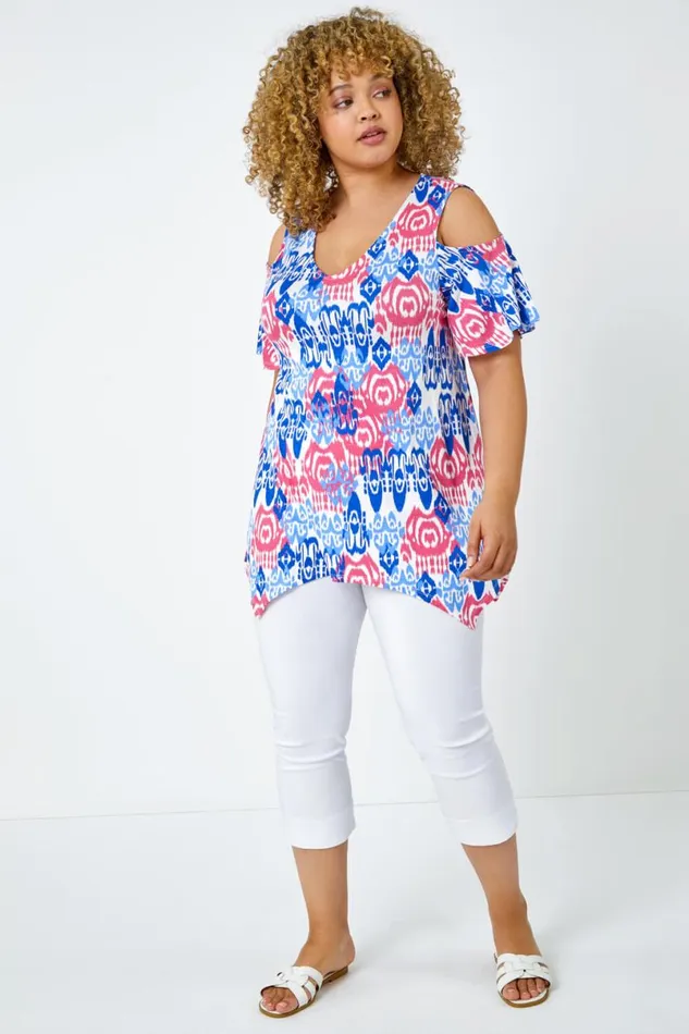 Blue Curve Abstract VNeck Cold Shoulder Top Women Roman Tops