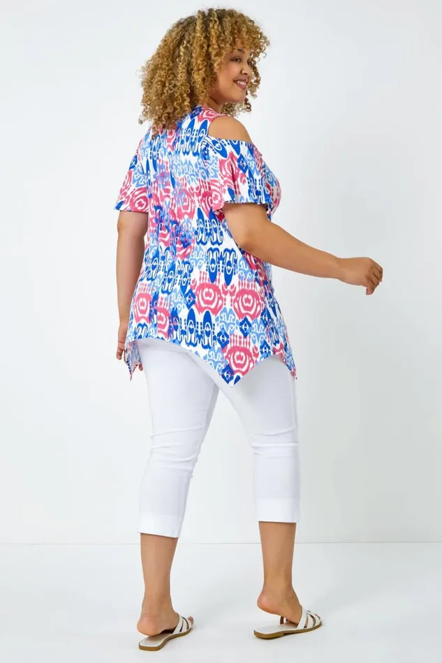 Blue Curve Abstract VNeck Cold Shoulder Top Women Roman Tops