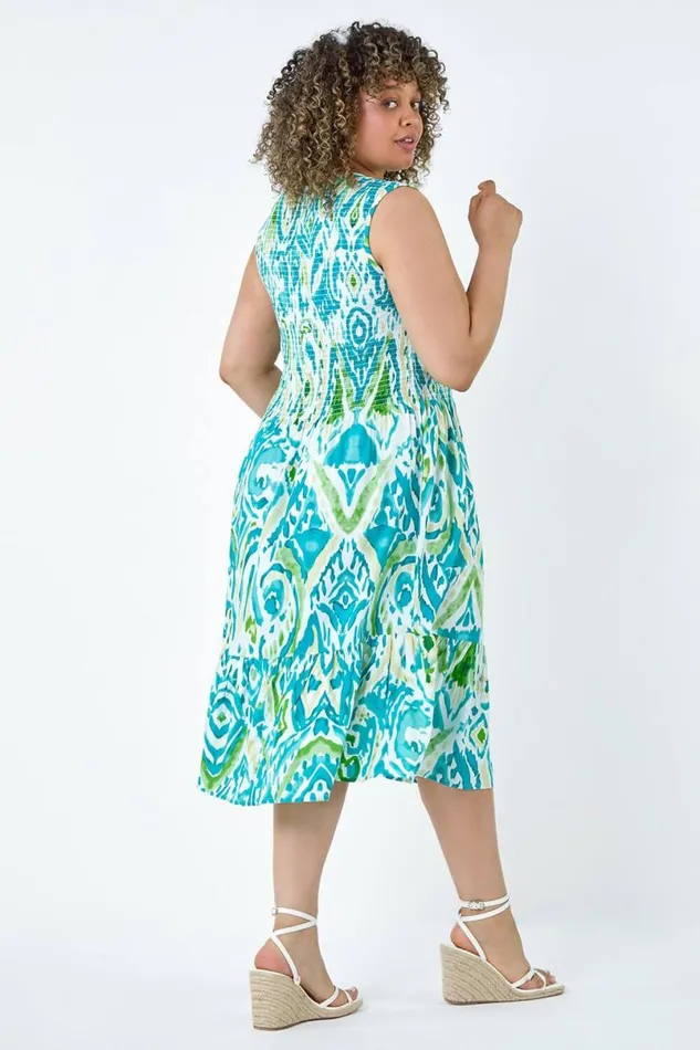 Blue Curve Aztec Shirred Bust Midi Dress Women Roman Dresses