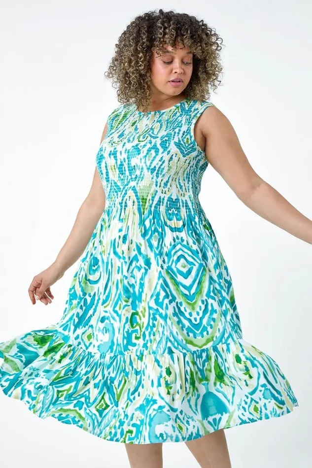 Blue Curve Aztec Shirred Bust Midi Dress Women Roman Dresses