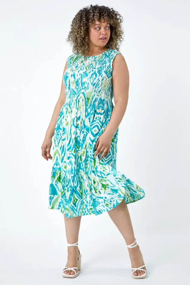 Blue Curve Aztec Shirred Bust Midi Dress Women Roman Dresses