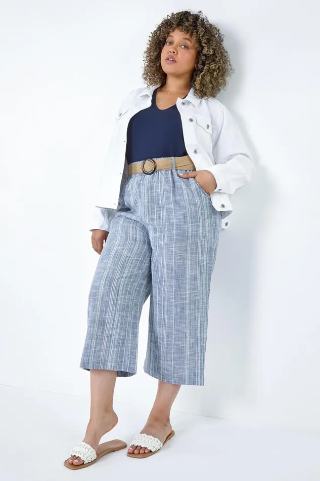 Blue Curve Cotton Stripe Belted Crop Trousers Women Roman Trousers