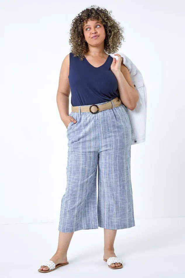 Blue Curve Cotton Stripe Belted Crop Trousers Women Roman Trousers