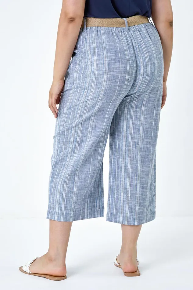 Blue Curve Cotton Stripe Belted Crop Trousers Women Roman Trousers