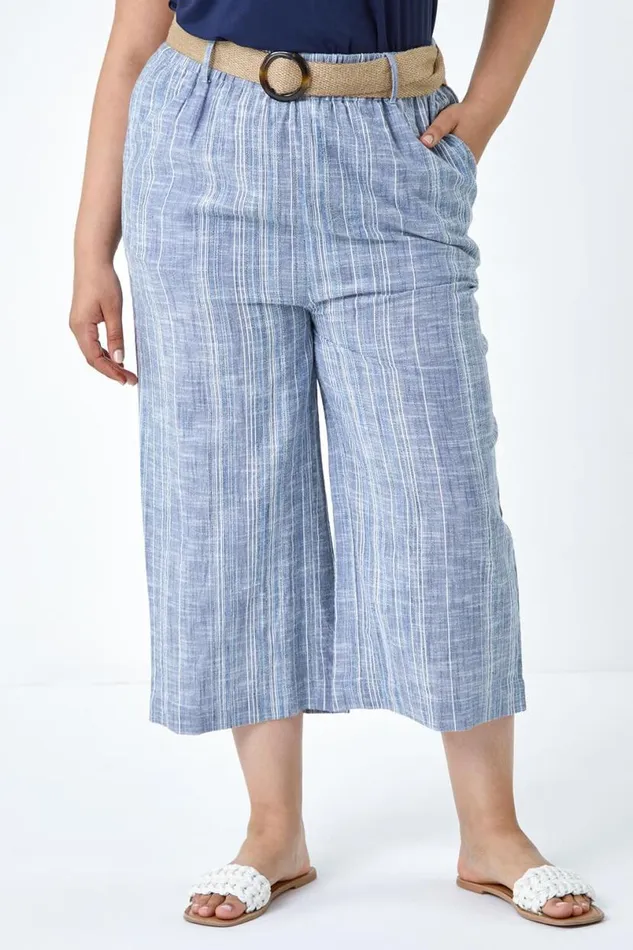 Blue Curve Cotton Stripe Belted Crop Trousers Women Roman Trousers