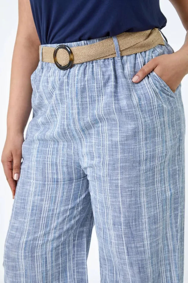 Blue Curve Cotton Stripe Belted Crop Trousers Women Roman Trousers