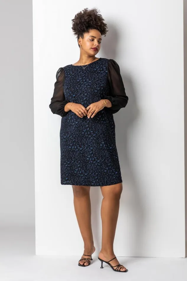 Blue Curve Glitter Leopard Print Mesh Sleeve Dress Women Roman Dresses