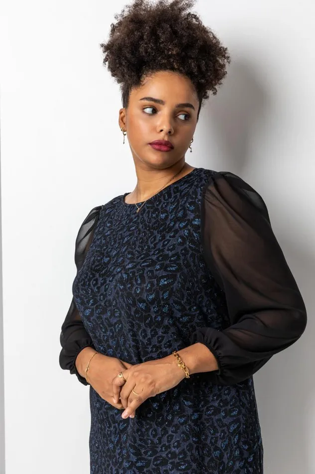 Blue Curve Glitter Leopard Print Mesh Sleeve Dress Women Roman Dresses